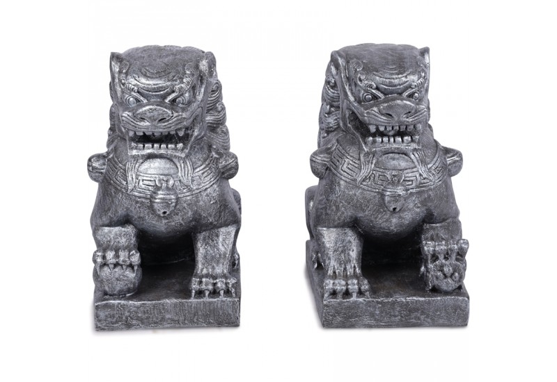 Paire De Statues De Lions Chiens De Fo Gris