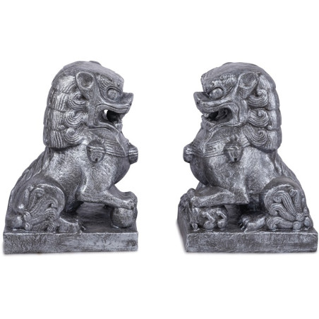 Statue Paire de Chiens de Fo Lions Gardiens chinois - Gris