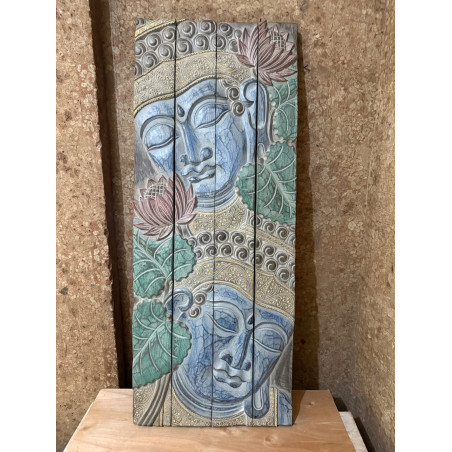 Panneau 2 têtes de Bouddha en Bois D'albizia Vert & Bleu - 100 cm x40 cm