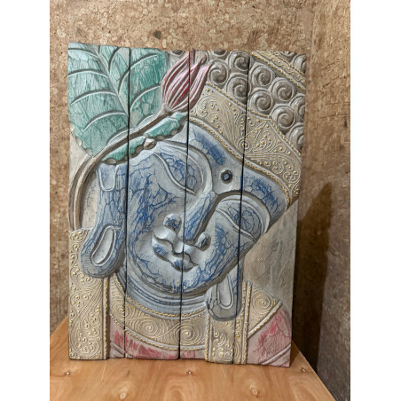 Sculpture Murale en Bois – Bouddha Sérénité Fait Main Bleu & Ocre