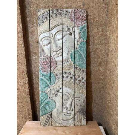 Panneau 2 têtes de Bouddha en Bois  D'albizia - 100 cm x40 cm