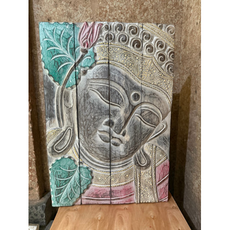 Sculpture Murale en Bois – Bouddha Sérénité Fait Main Vert & Ocre