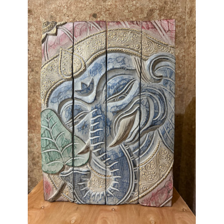 Sculpture Murale en Bois – Ganesh Spirituel Fait Main Bleu & Ocre