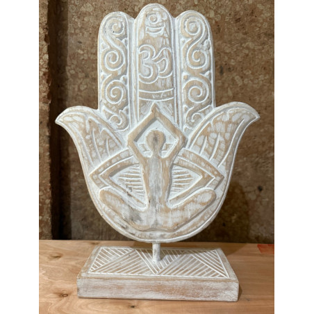 Main Hamsa en Bois Sculpté – Pièce Artisanale Balinaise - Blanc