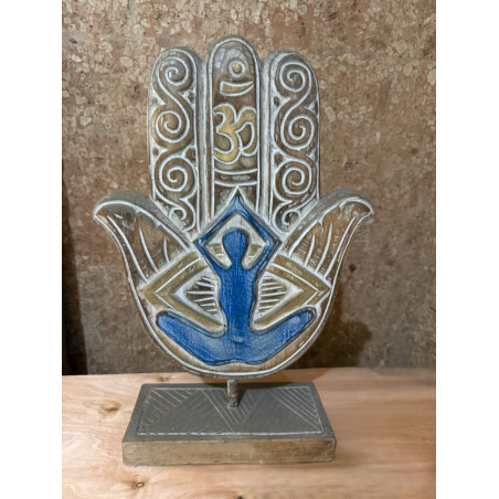 Main Hamsa en Bois Sculpté – Pièce Artisanale Balinaise - Bleu