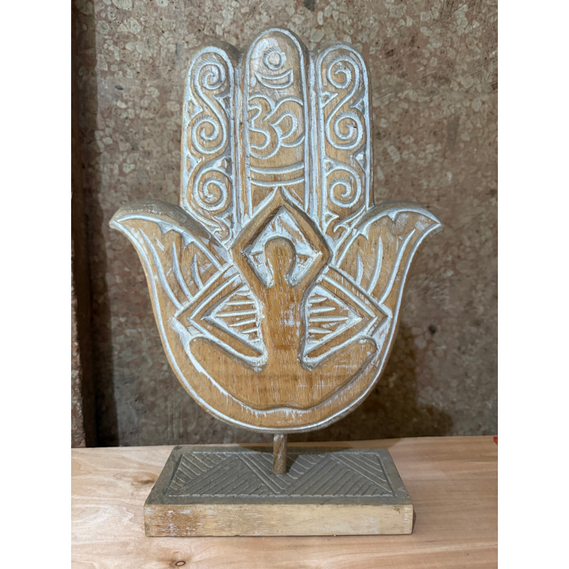 Main Hamsa en Bois Sculpté – Pièce Artisanale Balinaise - Ocre