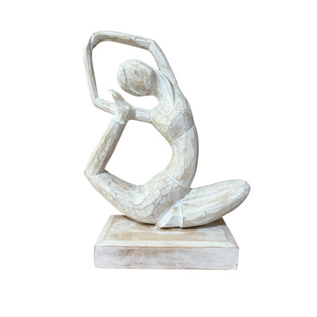 Statue Yoga en Bois – Posture du Pigeon Royal – Blanc Lavé 35 cm