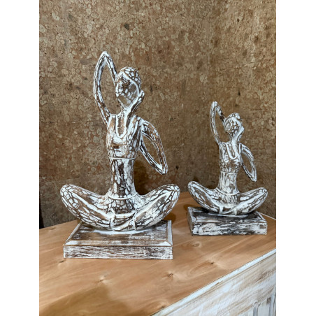 Statue Yoga en Bois - Posture de la tête de vache – Marron & Blanc 35 cm