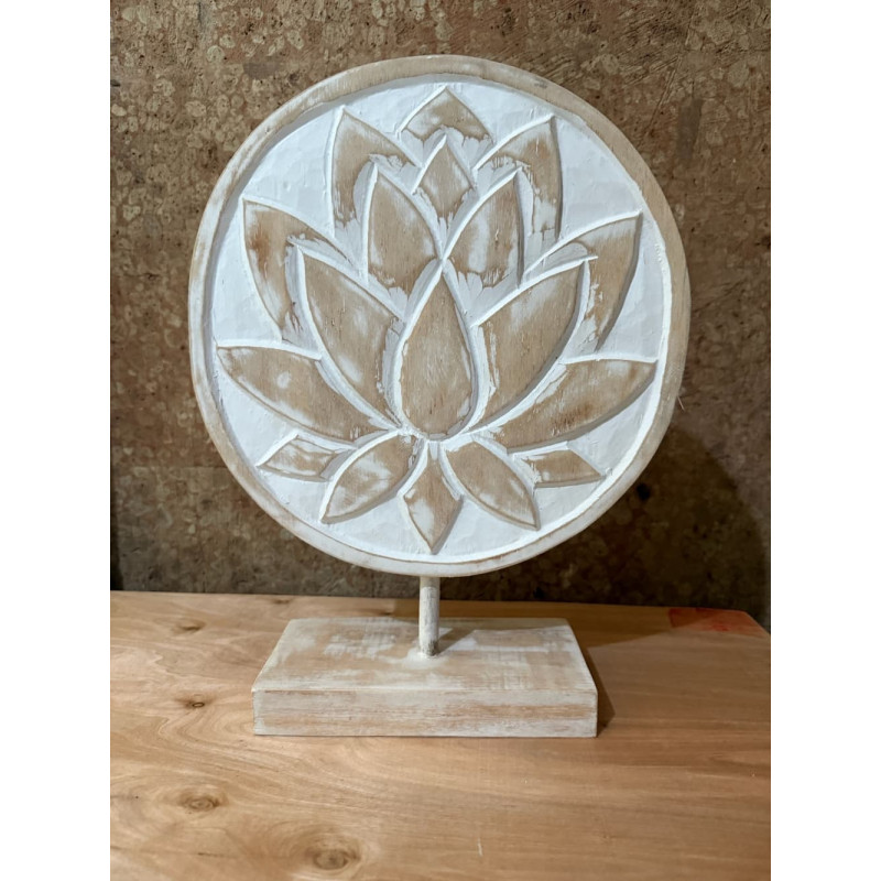 Sculpture Fleur de Lotus en Bois sur Socle