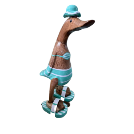 Canard Décoratif Sculpté à la Main Rayé Turquoise & Blanc
