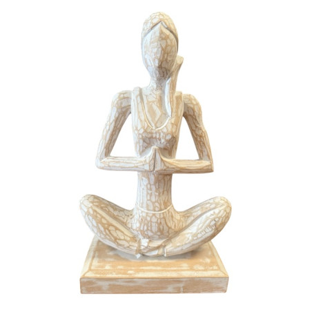 Statue Yoga Femme Méditation en Bois Sculpté – Blanc Vieilli