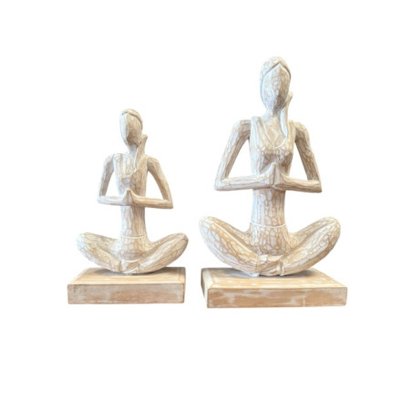 Statue Yoga Femme Méditation en Bois Sculpté – Blanc Vieilli