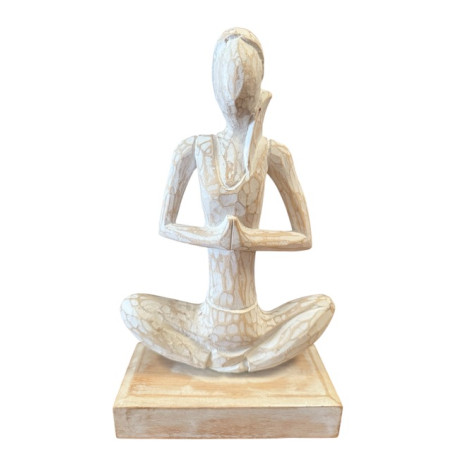 Statue Yoga Femme Méditation en Bois Sculpté – Blanc Vieilli 35 cm