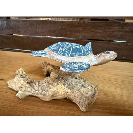 Tortue en Bois d'Albizia sur Socle en Bois Flotté – Bleu Foncé - 12 cm