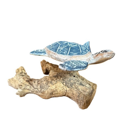 Tortue en Bois d'Albizia sur Socle en Bois Flotté – Bleu Foncé - 12 cm