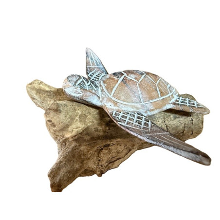 Tortue en Bois d'Albizia sur Socle en Bois Flotté – Blanc Lavé - 12 cm