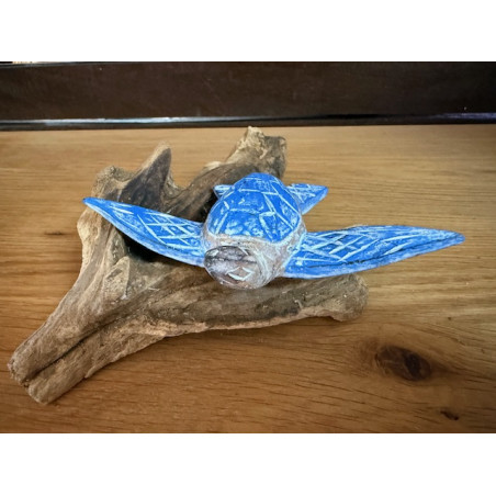 Tortue en Bois d'Albizia sur Socle en Bois Flotté – Bleu Clair - 8 cm