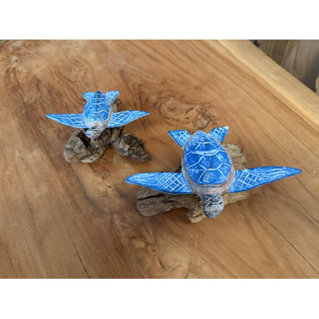 Tortue en Bois d'Albizia sur Socle en Bois Flotté – Bleu Clair - 8 cm