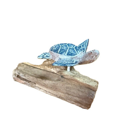 Tortue en Bois d'Albizia sur Socle en Bois Flotté – Bleu Foncé - 8 cm