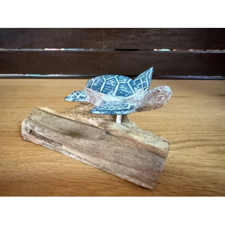 Tortue en Bois d'Albizia sur Socle en Bois Flotté – Bleu Foncé - 8 cm