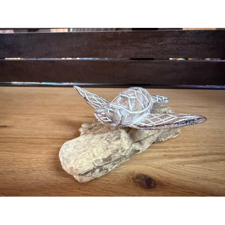 Tortue en Bois d'Albizia sur Socle en Bois Flotté – Blanc Lavé - 8 cm
