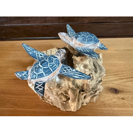 Duo Tortue en Bois d'Albizia sur Socle en Bois Flotté – Bleu Foncé