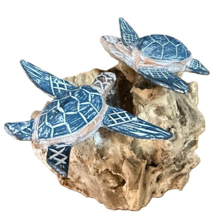 Duo Tortue en Bois d'Albizia sur Socle en Bois Flotté – Bleu Foncé