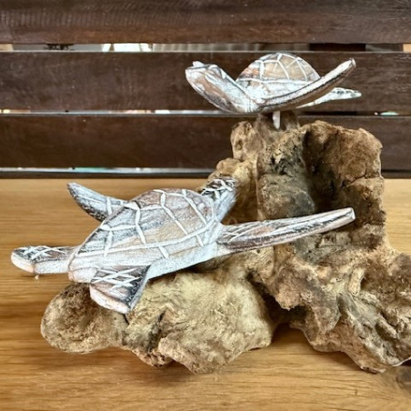 Duo Tortue en Bois d'Albizia sur Socle en Bois Flotté – Blanc Lavé