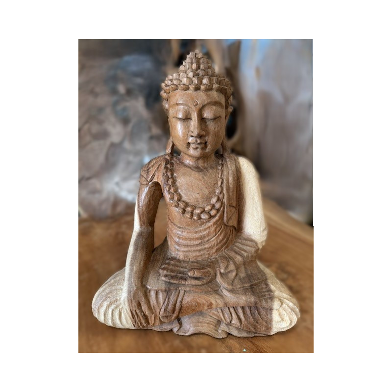 Statue Bouddha Bumisparsha Mala – Bois de Suar – 30 cm
