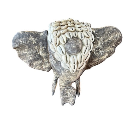 Statue tête d’Eléphant en bois sculpté avec coquillages