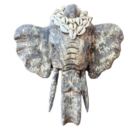 Statue tête d’Eléphant en bois sculpté avec coquillages