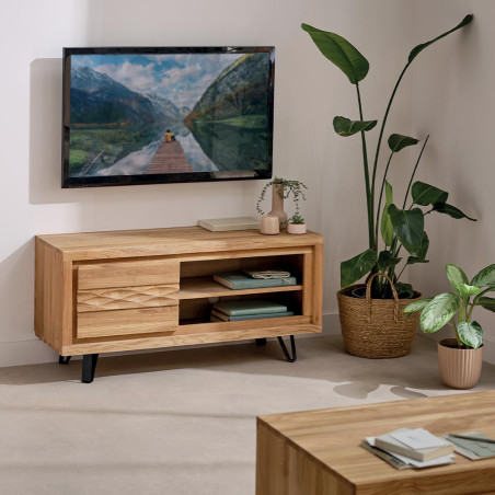 Meuble tv WAVE – 1 porte , 2 Niches Chêne Massif & Métal Noir- CASITA