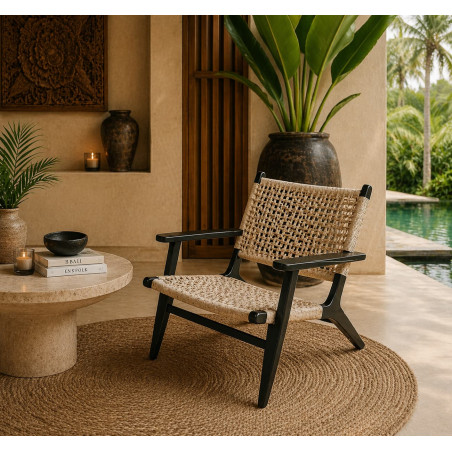 Fauteuil en Teck avec Assise Tressée TARM Noir- KOHDECO